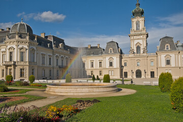 Fototapeta premium Festetics castle and garden with fountain with rainbow. Keszthely, Hungary 