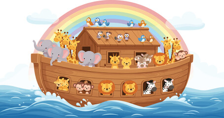Cute Animal Characters on Noah's Ark with Rainbow and Ocean Waves in Cartoon Style © Kamrun