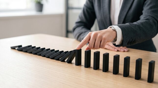 Business risk and domino effect a man about to topple a row of blocks