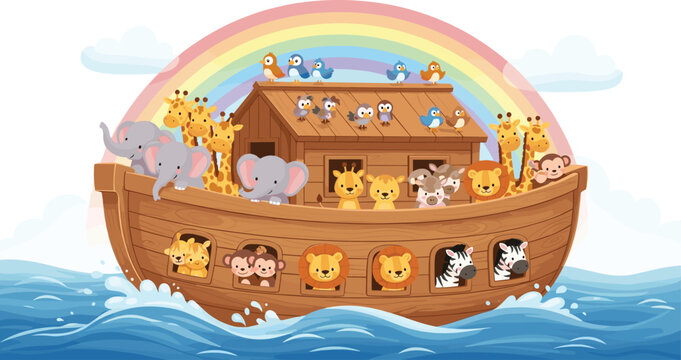 Cute Animal Characters on Noah's Ark with Rainbow and Ocean Waves in Cartoon Style