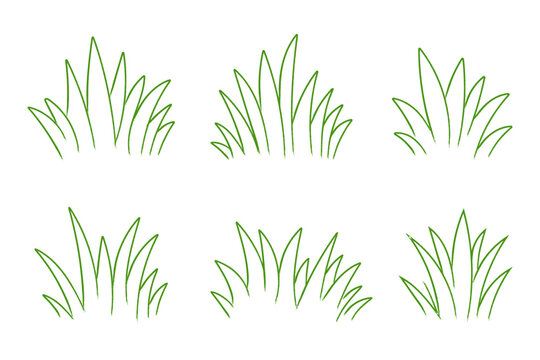 Hand Drawn Grass Set, Green Sketch Plants, Doodle Bush Elements Collection