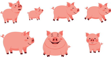 Fototapeta premium Cute pig cartoon collection vector illustration with happy farm animals in different poses isolated on white background