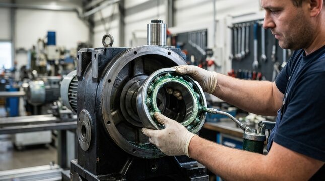 Medium shot of a greased bearing being positioned within a machine highlighting lubrication application and maintenance efficiency.