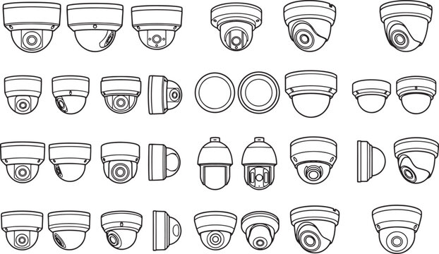 A collection of modern security cameras, designed for robust surveillance, showcasing various styles and functionalities in a modern and detailed line art.