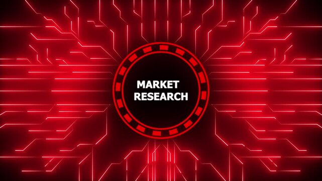 Digital interface animated market research title overlay on technology circuitry background,4k animation motion graphics video.