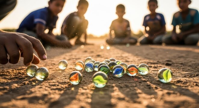 Children play a traditional game with glass marbles on the ground during golden hour.