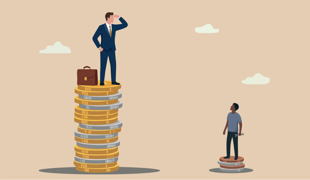 Economic inequality unfairness income, different money people being paid concept, white rich businessman standing on high salary coins tower with poor black man on low coins stack