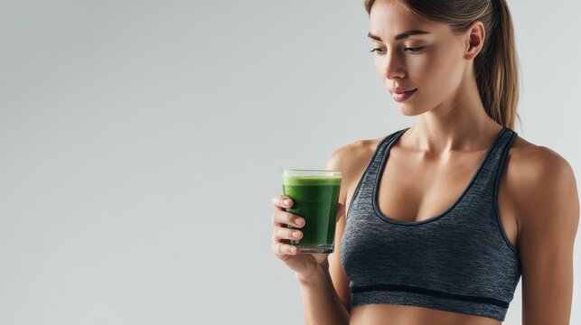 Woman holds glass of green juice woman shows green juice promoting a healthy habit