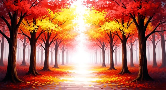Autumn Forest Path with Vibrant Red and Yellow Foliage and Bright Sunlight image photo