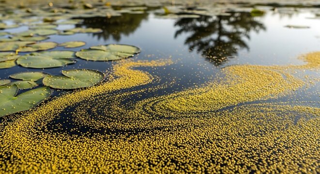 Pollen floating on the surface of a calm pond with lily pads and tree reflections in the water