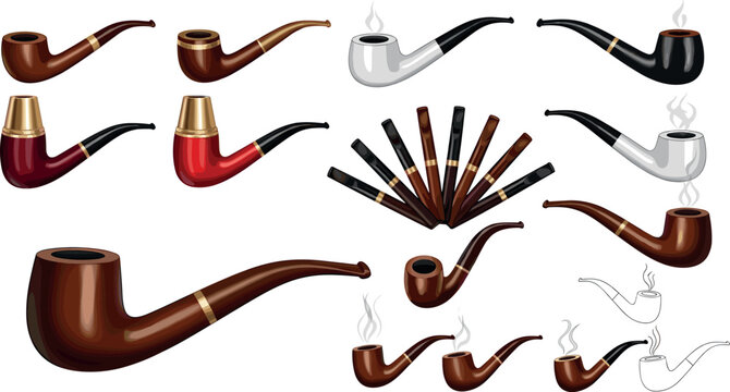 Smoking pipes collection with wooden tobacco pipes in various shapes isolated on light background vintage accessory vector illustration set
