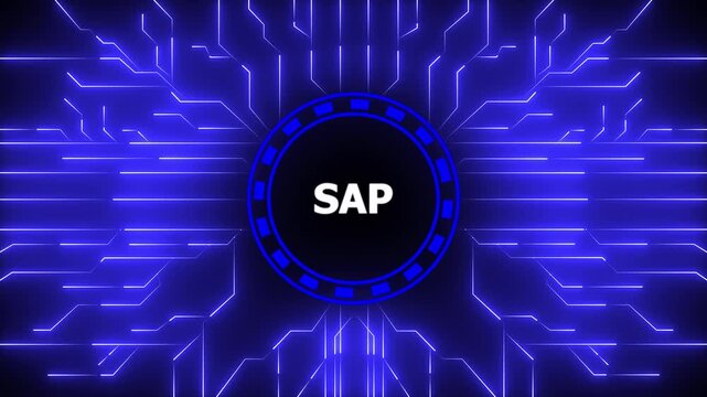 Sap technology logo with futuristic circuit board and digital data concept, 4k animation motion graphics video.