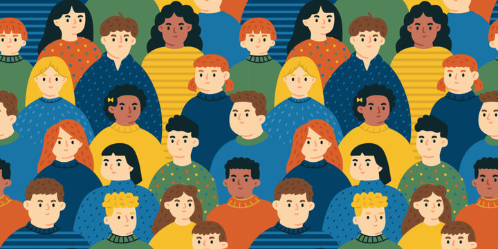 Diverse little kid crowd art seamless pattern. Multi-ethnic children community, young people diversity group, school student concept background illustration.