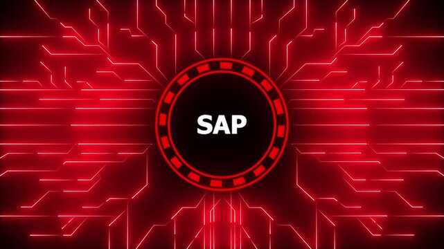 Sap technology logo with futuristic circuit board and digital data concept, 4k animation motion graphics video.