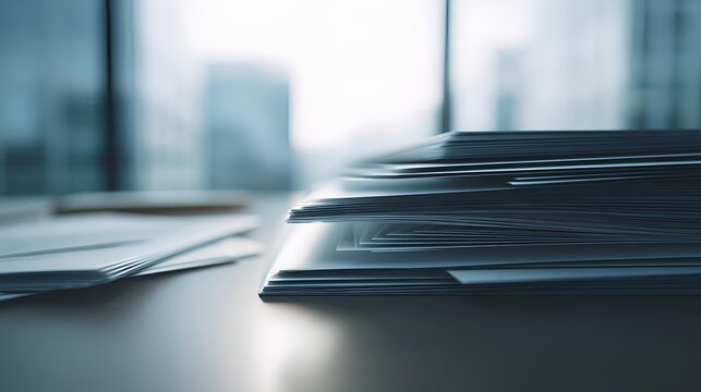 Paperwork Pile: A detailed look at a stack of documents and papers on a desk in an office, subtly lit, creating a focused and organized setting.