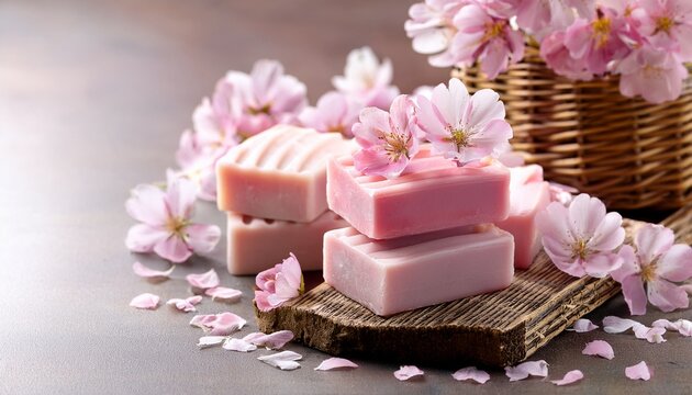 layered artisanal soap bars with delicate pink blossoms and basket
