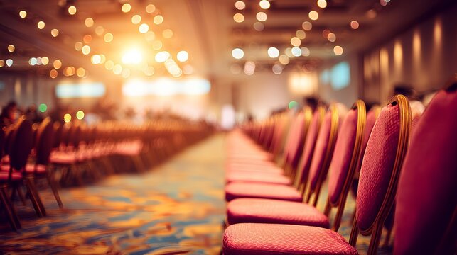 Anticipation in Auditorium: Rows of empty chairs await the arrival of attendees in a grand auditorium, hinting at an upcoming event filled with promise and excitement. 