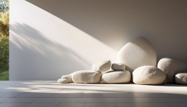 minimalist architectural space with sunlight and decorative stones for design