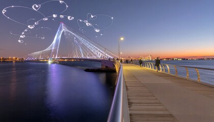 Obraz premium Modern suspension bridge at twilight with glowing light trails forming heart shapes in the sky. Concept of romantic city journey, connecting paths, and urban love.