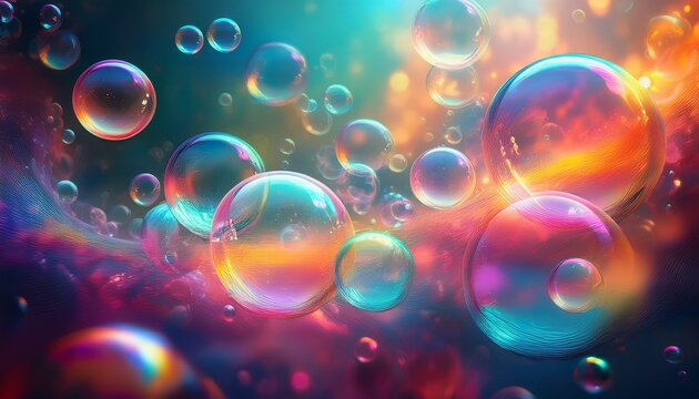transparent bubbles floating in a colorful misty atmosphere
