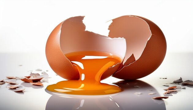 broken brown egg with yolk spilling out on white background