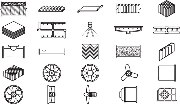 Collection of precisely crafted line art illustrations of varied machine parts. This comprehensive set offers a unique blend of industrial engineering design elements.