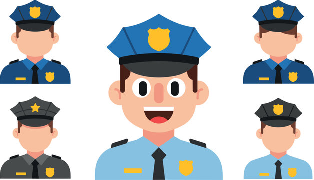 Police officer avatars set with different uniform styles and cartoon faces isolated on light background law enforcement vector illustration