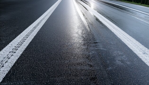 wet asphalt road with tire marks and white lines