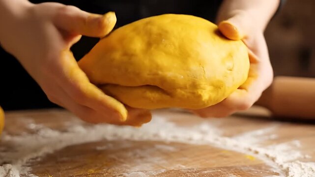 Closeup of hands kneading yellow dough on a floured surface.