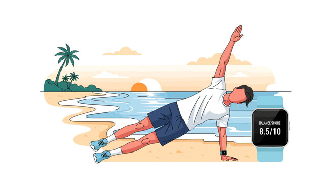 man doing side plank on beach with smartwatch