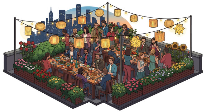 Vibrant rooftop garden party with people dining and socializing