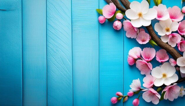 vibrant pink and white blossoms on blue wooden background for spring