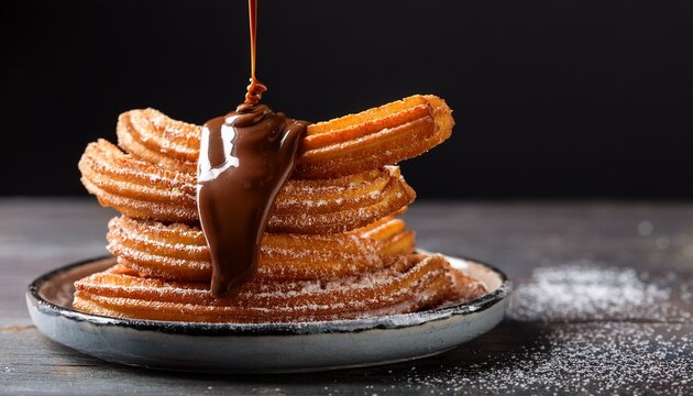 warm chocolate sauce is drizzled over a stack of cinnamon sugar churros