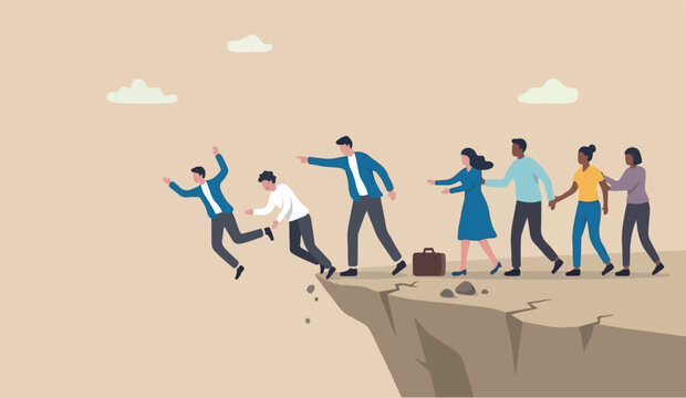 Wrong direction leader stupid authoritarian boss, stupidity or mistake lead company and employees to sabotage or bad problem concept, stupid boss manager pointing order employees to jump off cliff