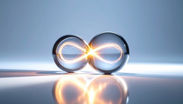 Twin luminous spheres forming an infinity symbol representing quantum particle entanglement and mirrored energy, illustrating the complex interconnected nature of subatomic science.