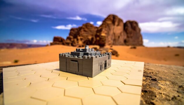 Miniature fortress constructed from grey interlocking plastic bricks placed on a hexagonal platform within the vast and rugged landscape of the desert with rocky formations in the background.