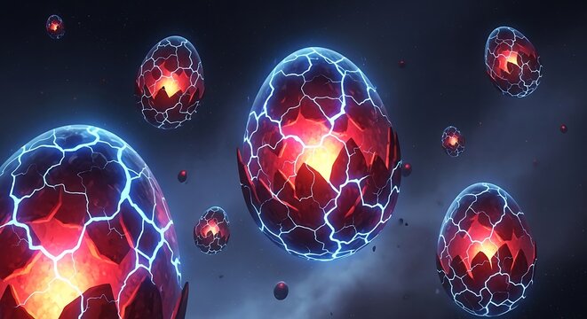 Glowing cracked eggs with blue lightning in dark space glowing eggs cosmic
