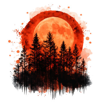 watercolor of Sunset Through Trees vector painting, isolated on a white background.