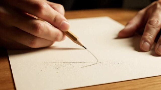 Close up view of hand sketching with a pencil on paper, drawing a curved line with slow precise motions