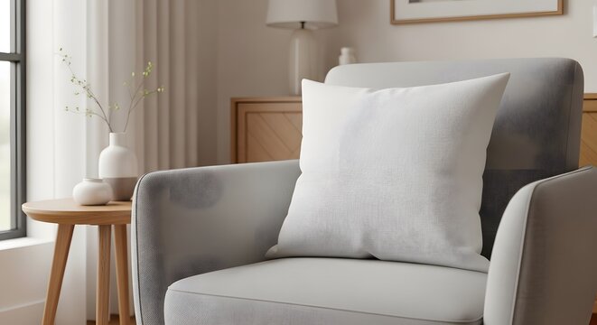 Elegant home interior detail showing a clean white pillow on a contemporary fabric chair, styled with a minimalist vase and lamp in a serene, neutral-toned space for modern lifestyle themes
