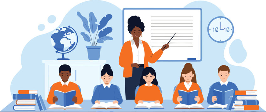 Classroom Learning Concept with Teacher and Students Reading Books in Front of a Whiteboard