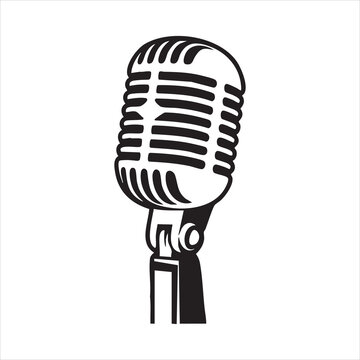 Retro condenser microphone icon in classic silhouette style for vintage audio recording equipment.