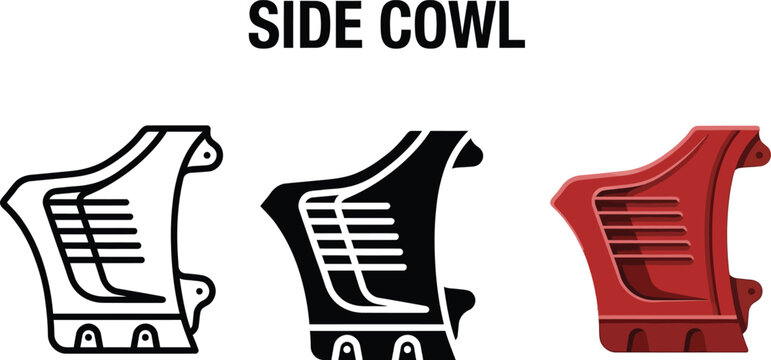 Set of side cowl icons in line art silhouette and 3D render styles representing automotive parts for design