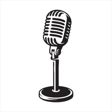 Classic vintage microphone on desktop stand for professional podcasting and vocal studio recording.