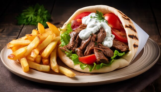 delicious greek gyros pita filled with beef tomatoes and french fries topped with tzatziki sauce