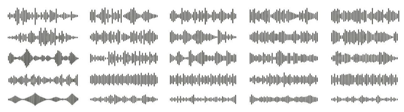 Flat Vector Illustration : Set of Audio Sound Waveforms and Digital Frequency Signals for Music Podcast and Voice Recording App UI Design Isolated on White Background