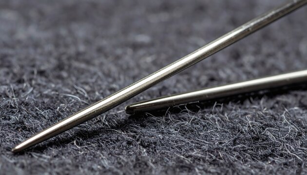 Extreme Macro Shot of Steel Needles Resting on Dark Textured Wool Fabric