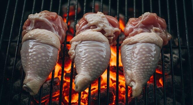 Raw Chicken Legs and Thighs on a Hot Grill stock image