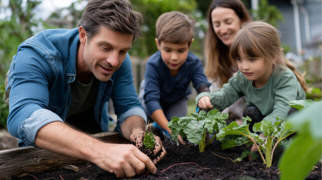 Mixed-race family setting up backyard vegetable garden in early May, parents and children working together, bright natural daylight, earthy and nurturing mood