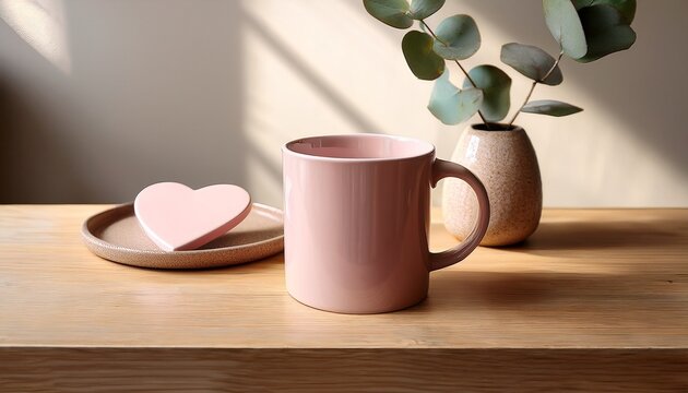 pink ceramic mug with a blank rectangular print area on a wooden table near a dry eucalyptus branch accompanied by a beige heart shaped dish and placed in a cozy sunlit room